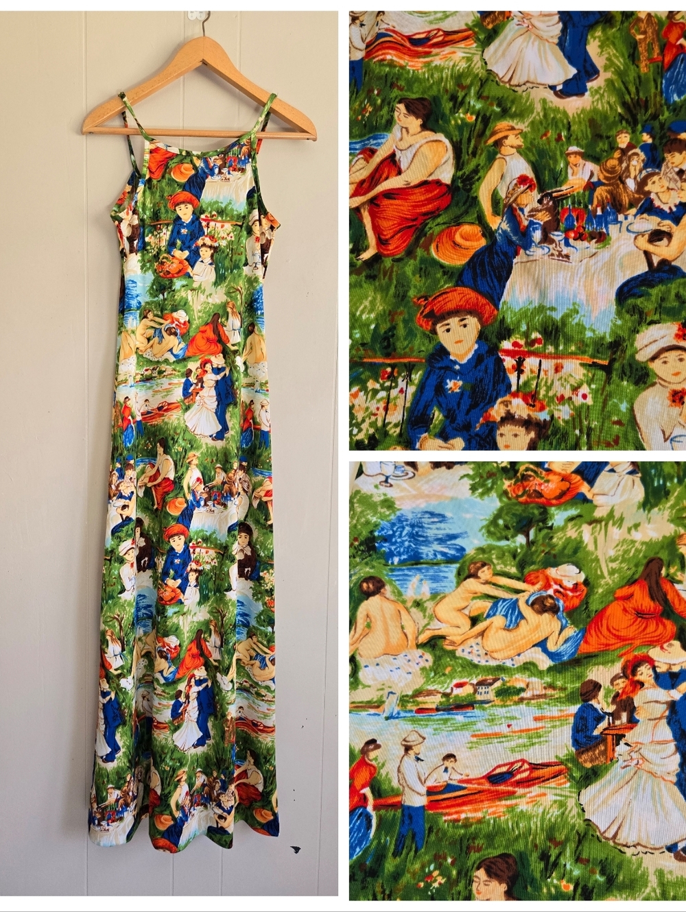 VTG High Tide Maxi Slip Impressionist Renoir Picnic Boating Party Print Artsy M